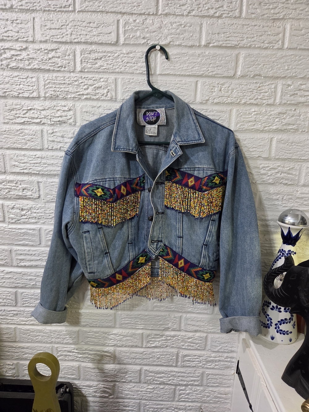 Light Blue Denim Jacket with Beaded Fringe Trim Vintage 80s 90S Colorful